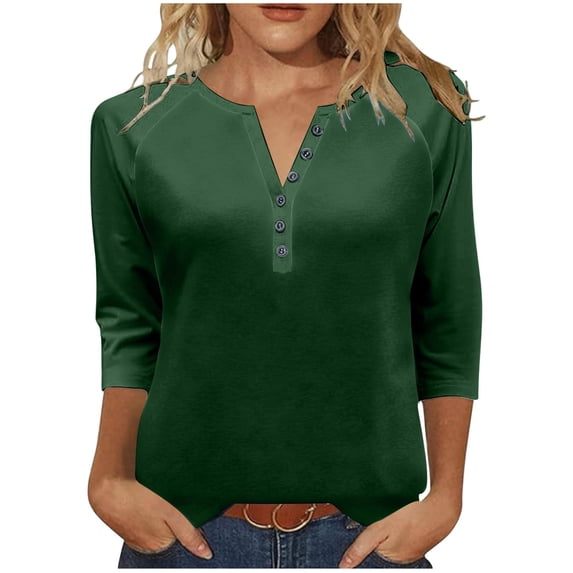 Women 3/4 Sleeve V Neck Button Down Shirt Business Casual Cotton Dressy Blouse Summer Office Outfit 2025