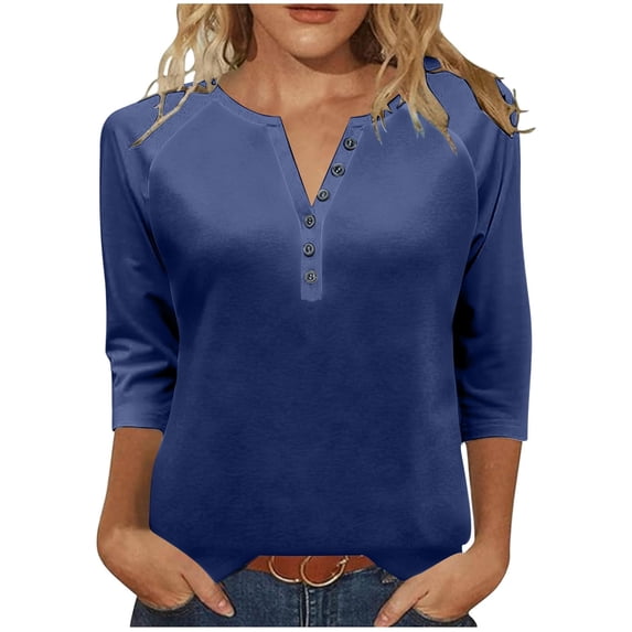 Women 3/4 Sleeve V Neck Button Down Shirt Business Casual Cotton Dressy Blouse Summer Office Outfit 2025