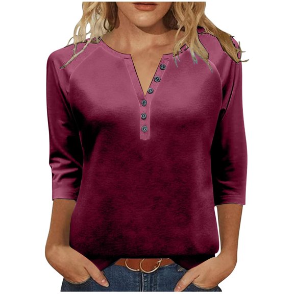 Women 3/4 Sleeve V Neck Button Down Shirt Business Casual Cotton Dressy Blouse Summer Office Outfit 2025