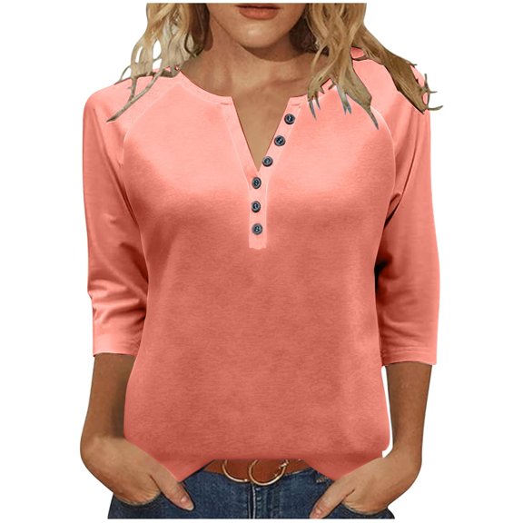Women 3/4 Sleeve V Neck Button Down Shirt Business Casual Cotton Dressy Blouse Summer Office Outfit 2025