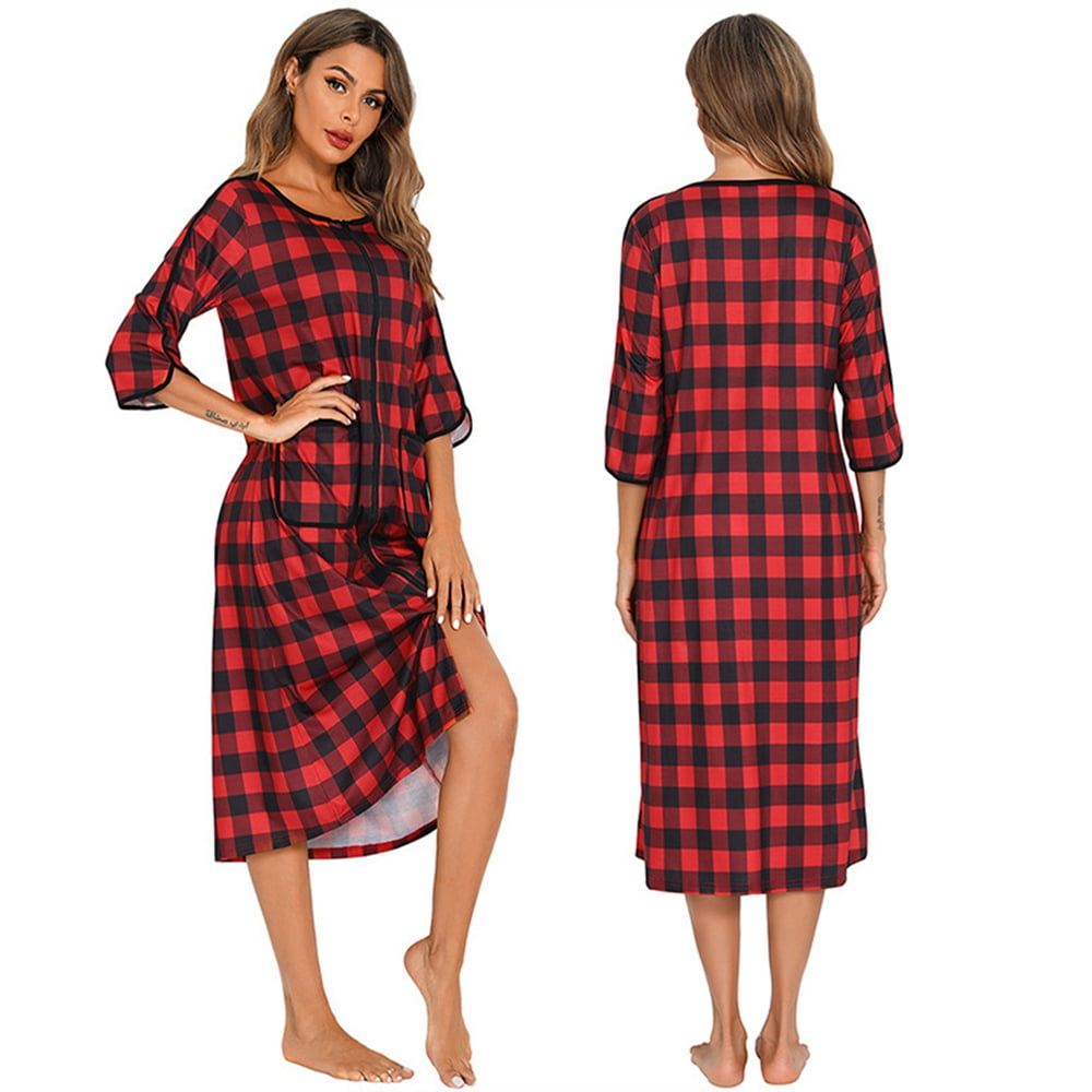 Women 3/4 Sleeve Zip Front Nightgowns Full Length Cotton Robes Loose
