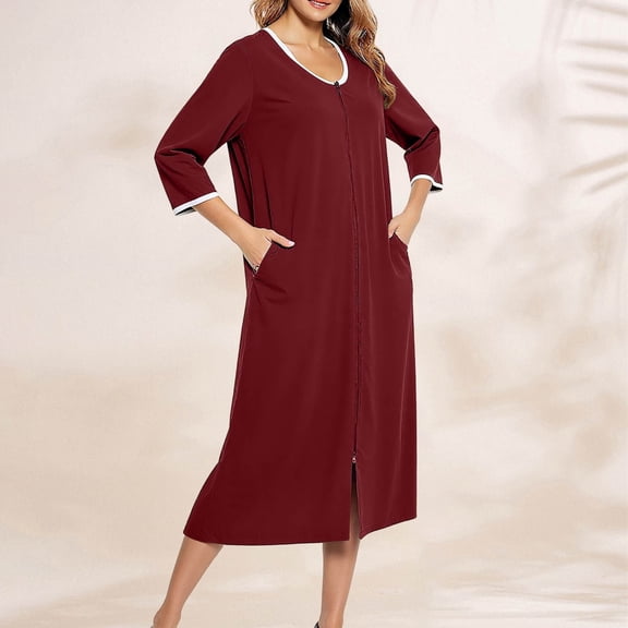 Women 3/4 Sleeve Zipper Robe Loungewear Dress Long Sleepwear Open Front Housecoat Nightgown Long Bathrobe Wine XXL