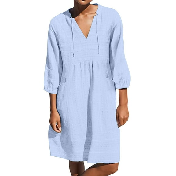 Women 3/4 Sleeves Sexy Dress Lace Dress Loose O Neck Solid Color Casual Party Wear