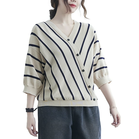 Women 3/4 Sleeves Summer Casual Stripes V-Neck Pullover Knit T-Shirt GA2282 Apricot