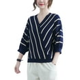 thumbnail image 1 of Women 3/4 Sleeves Summer Casual Stripes V-Neck Pullover Knit T-Shirt GA2282 Blue, 1 of 5