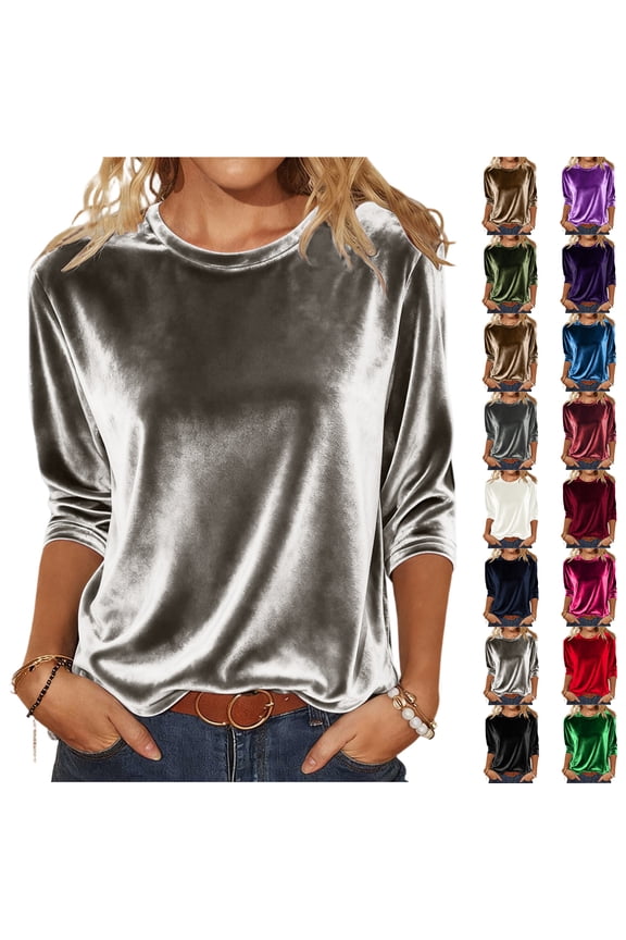 Women 3/4 Sleeves Tops Three Quarter Length Sleeve Velvet T Shirts Pullover Casual Dressy Velour Tunic Blouses Dark Purple 2XL