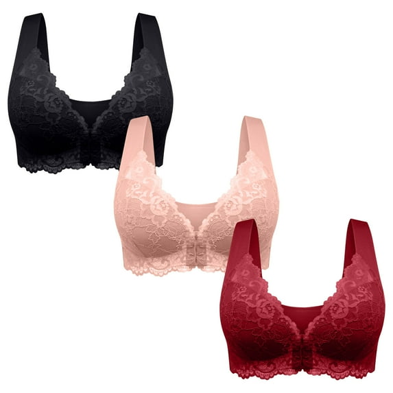Women 3 Pack Front Closure Post Surgery Compression Everyday Bras for Mastectomy Support with Floral Lace Wirefree