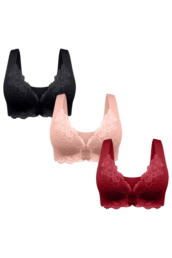 Women 3 Pack Front Closure Post Surgery Compression Everyday Bras for Mastectomy Support with Floral Lace Wirefree