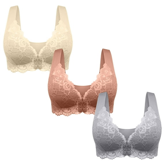 Women 3 Pack Front Closure Post Surgery Compression Everyday Bras for Mastectomy Support with Floral Lace Wirefree