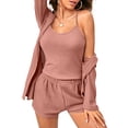 thumbnail image 1 of Women 3 Pcs Waffle Pajama Solid Color Sleeveless Camisole  Elastic Shorts Bathrobe Loungewear Soft Sleepwear, 1 of 7
