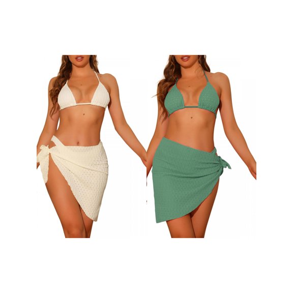 Women 3 Piece Halter Bikini Combination Sets, Hollow Out Mesh Swimsuits Sarong Cover Ups Beach Skirt Bathing Suit Medium Beige, Gray Green