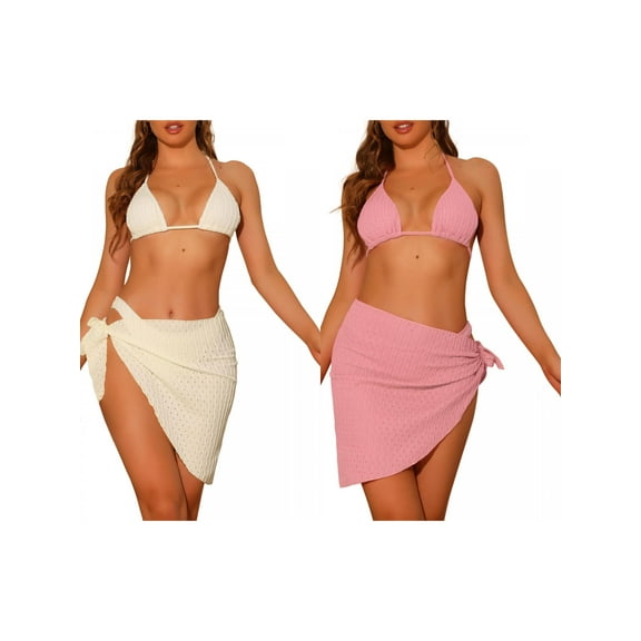 Women 3 Piece Halter Bikini Combination Sets, Hollow Out Mesh Swimsuits Sarong Cover Ups Beach Skirt Bathing Suit Small Beige, Pink