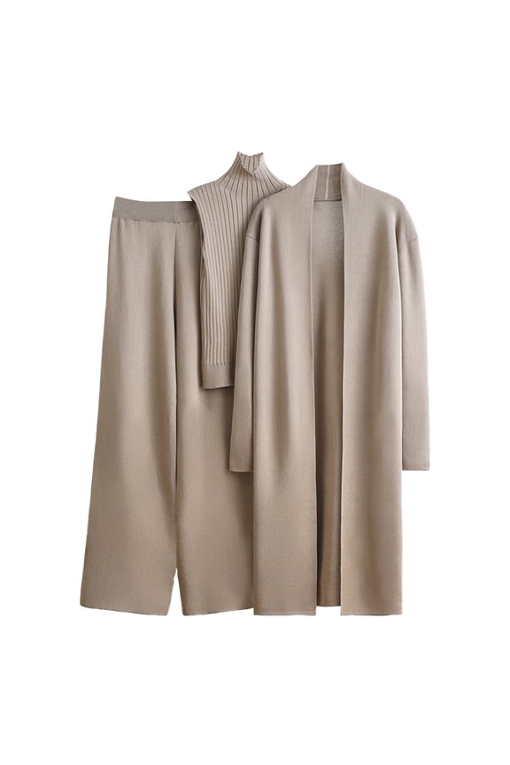 Women 3 Piece Knit Lounge Set Long Sleeve Cardigan Sleeveless Turtleneck Tank Top and Wide Leg Pants Matching Sets