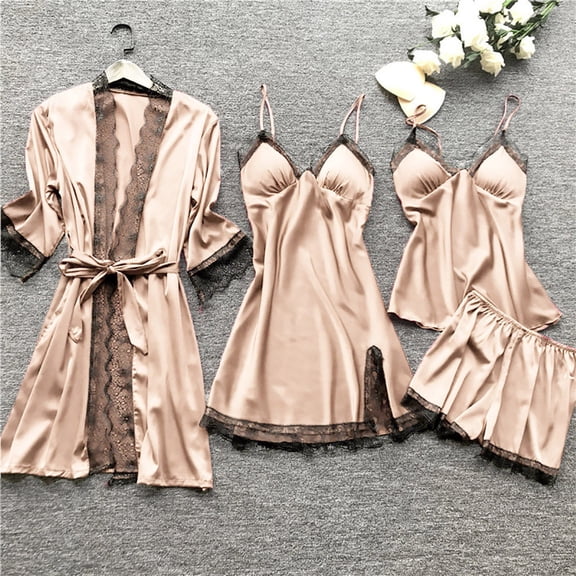 Women 3 Piece Lace Pajama Sets ,Comfortable Soft Satin Robe Dress Sleepwear Nightdress Pajamas Set Beige XXXXL