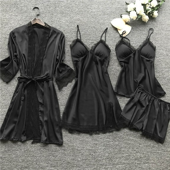 Women 3 Piece Lace Pajama Sets ,Comfortable Soft Satin Robe Dress Sleepwear Nightdress Pajamas Set Black XXXXXL