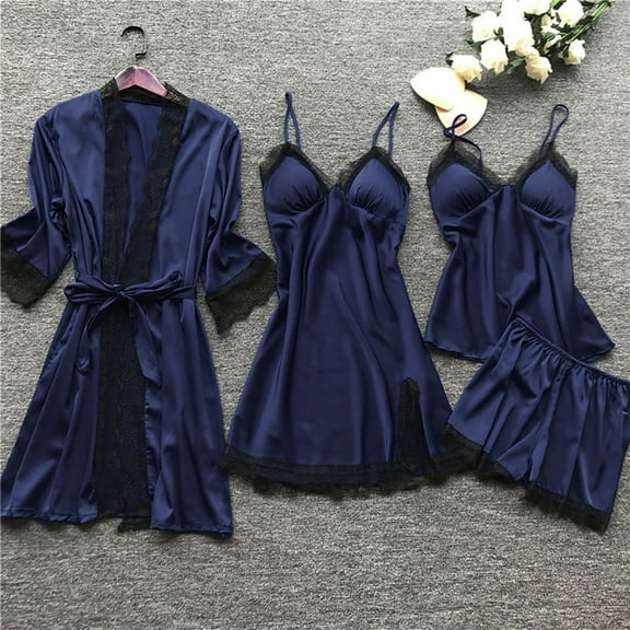 Women 3 Piece Lace Pajama Sets ,Comfortable Soft Satin Robe Dress Sleepwear Nightdress Pajamas Set Dark Blue XXXXL