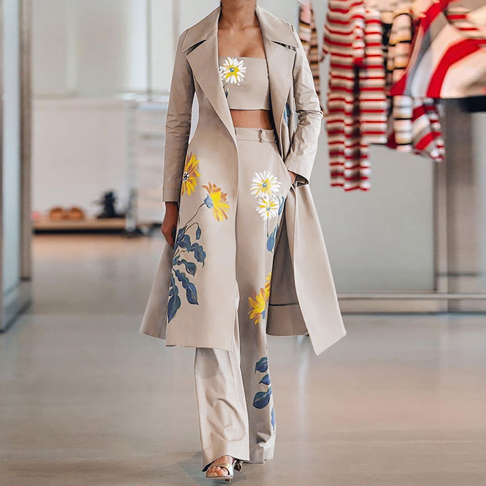 Women 3 Piece Outfits Floral Print Long Sleeve Blazer Jacket