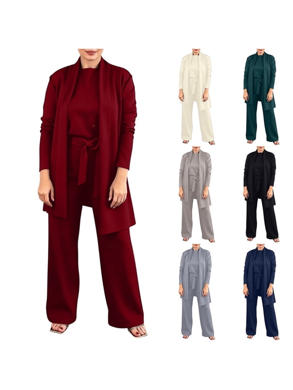 Women 3 Piece Outfits Open Front Cardigan Blouse Top Wide Leg Pants Set Elegant Business Casual Outfits for Wedding Guest Red Women's Exercise Pullover Sweatsuits XL