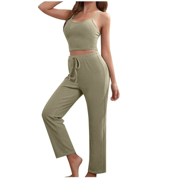 Women 3 Piece Pajama Set Casual Knit Lounge Outfits Sleeveless Cami Crop Tops Long Pants Cardigan Loungewear Sleepwear (Green XL)