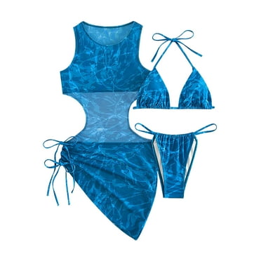 Girls 3-Piece Bikini Set - Blue Swimsuits With Cover Up For Teens And Kids