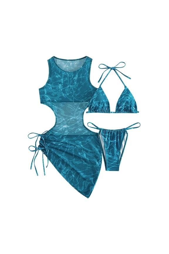 Women 3 Piece Swimsuits Halter Triangle String Bikini Set with Mesh Drawstring Cover Up Dress Beach Bathing Suit