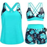 Women 3 Piece Tankini Swimsuits - Tummy Control Tank Top with Bra Modest Bathing Suit with Pockets Boyshorts Bottom