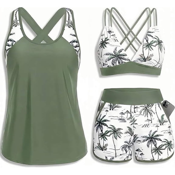 Women 3 Piece Tankini Swimsuits - Tummy Control Tank Top with Bra Modest Bathing Suit with Pockets Boyshorts Bottom