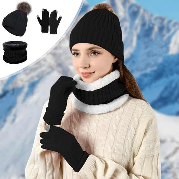 Women 3-Piece Winter Hat Scarf Gloves Set, Soft Acrylic Knit Beanie Scarf Touchscreen Gloves, Warm Fleece Lining Cold Weather Outdoor Travel Skiing Running Gift Set