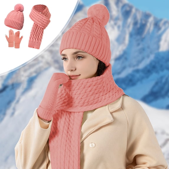 Women 3-Piece Winter Hat Scarf Gloves Set, Warm Knit Beanie Long Neck Scarf Touchscreen Gloves, Soft Acrylic Fleece Lined Cold Weather Accessories for Outdoor Travel