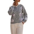 thumbnail image 1 of Women 3D Floral Applique Pearl Button Scalloped Trim Crew Neck Knit Cardigan Gray L, 1 of 9