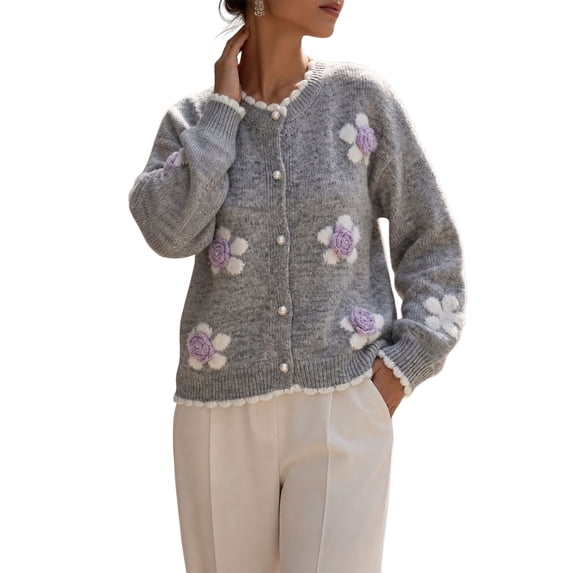 Women 3D Floral Applique Pearl Button Scalloped Trim Crew Neck Knit Cardigan Gray L
