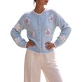 thumbnail image 1 of Women 3D Floral Applique Pearl Button Scalloped Trim Crew Neck Knit Cardigan Light Blue S, 1 of 9