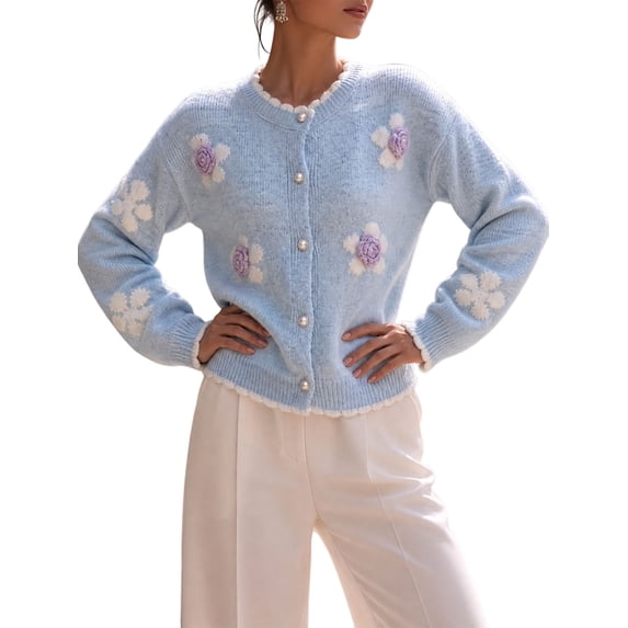 Women 3D Floral Applique Pearl Button Scalloped Trim Crew Neck Knit Cardigan Light Blue S