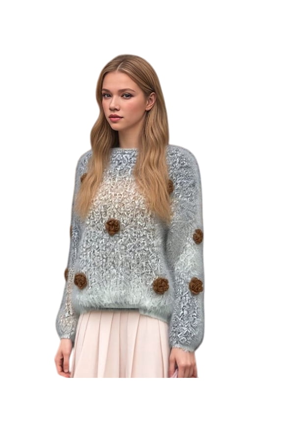 Women 3D Floral Sweater Long Sleeve Round Neck Gradient Casual Cute Knit Pullover Top Orange M