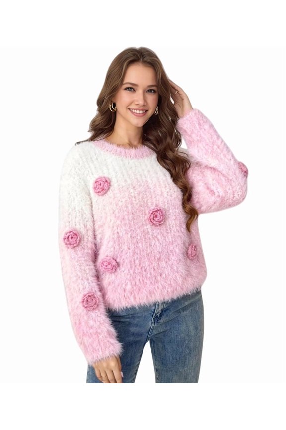 Women 3D Floral Sweater Long Sleeve Round Neck Gradient Casual Cute Knit Pullover Top Pink L