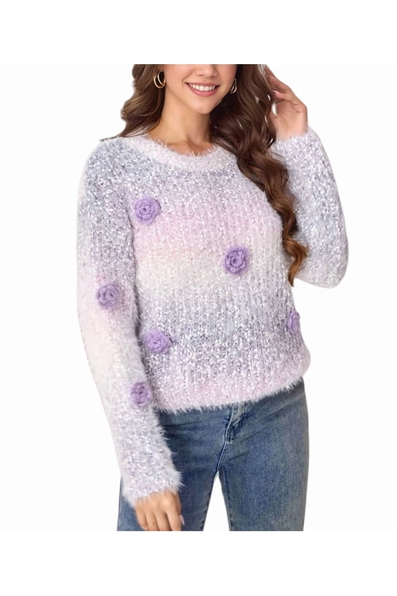 Women 3D Floral Sweater Long Sleeve Round Neck Gradient Casual Cute Knit Pullover Top S
