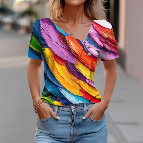 Women 3D Graphic Tops Asymmetrical Neck Blouse Short Sleeve Tshirts Casual Plus Size Tunic Tops