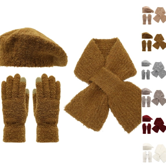 Coldd Pics Women 3Pcs Winter Soft Boucle Knit Beret Hat Cross Neck Scarf Gloves ...