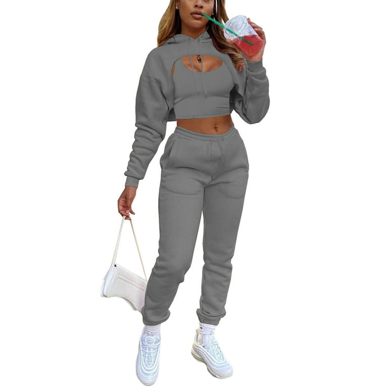 2 Piece Set Women Suit Crop Top Sweatpants Crop Hoodie Set Female