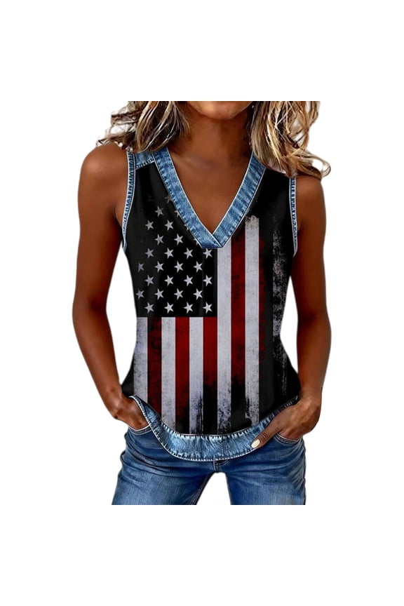 Women 4th Of July V-Neck Tank Tops Coloful Printed Sleeveless Patriotic Shirts Anniversary Shirt Summer Tops For Women Tank Tops For Independence Day Black L