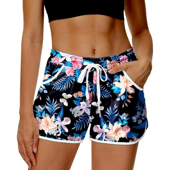 Women 4th of July Board Shorts Hawaiian Tropical Print Beach Swim Shorts with Pockets