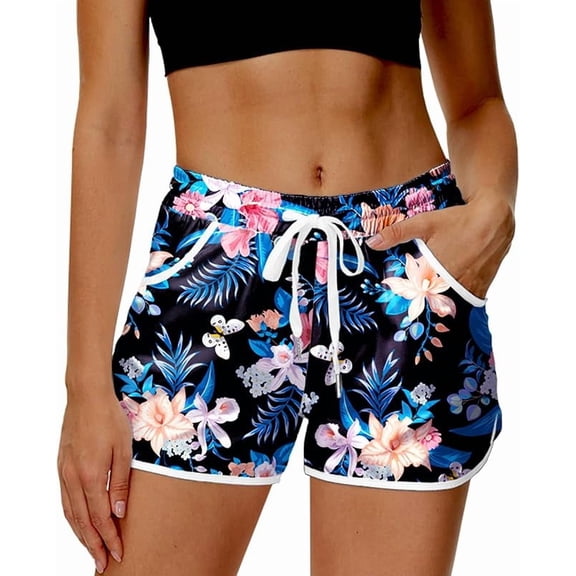 Women 4th of July Board Shorts Hawaiian Tropical Print Beach Swim Shorts with Pockets
