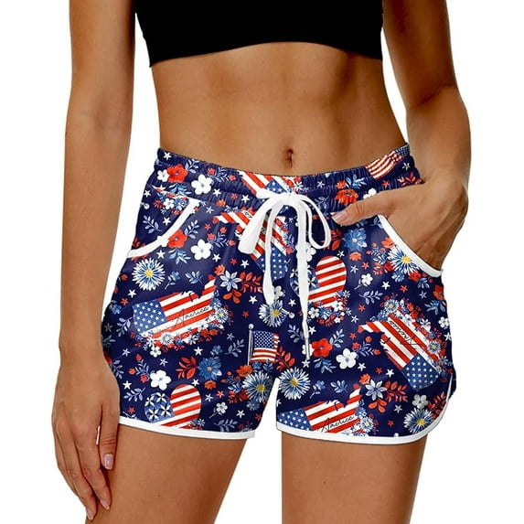 Women 4th of July Board Shorts Hawaiian Tropical Print Beach Swim Shorts with Pockets