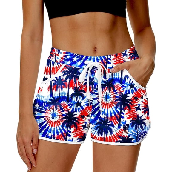 Women 4th of July Board Shorts Hawaiian Tropical Print Beach Swim Shorts with Pockets