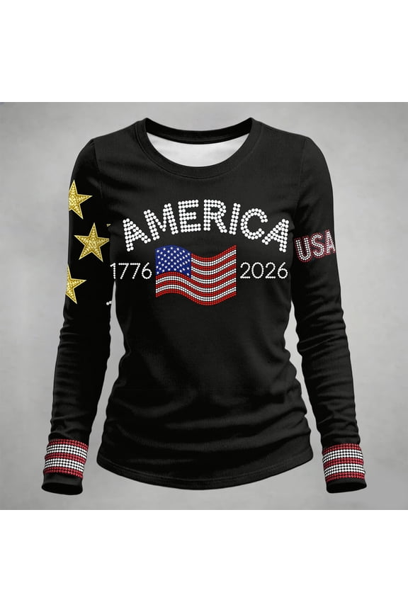 Women 4th of July Shirt Relaxed Fit Long Sleeve Crew Neck Patriotic T Shirt With Letter Print Holiday Commemorative Tops Black S