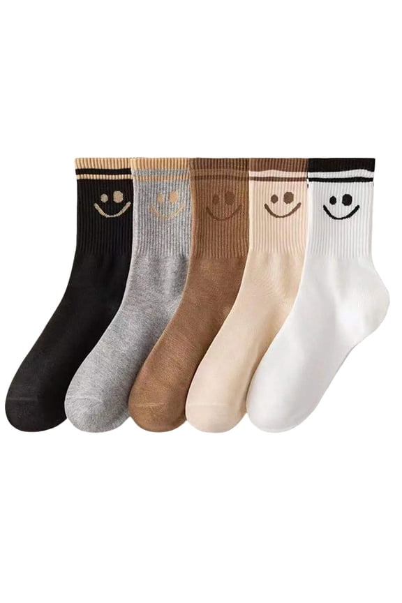 Women 5 Pairs Cute Smiley Face Print Cotton Crew Socks, Comfort Breathable, US 6-10
