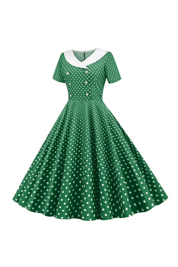 Women 50S Vintage Polka Dot Halter Cocktail Swing Dress,Sriper ,Short Sleeve T Shirt Dress with Collar,Vestidos Elegantes De Mujer Para Fiesta Largos,Sundresses Summer,Army Green S