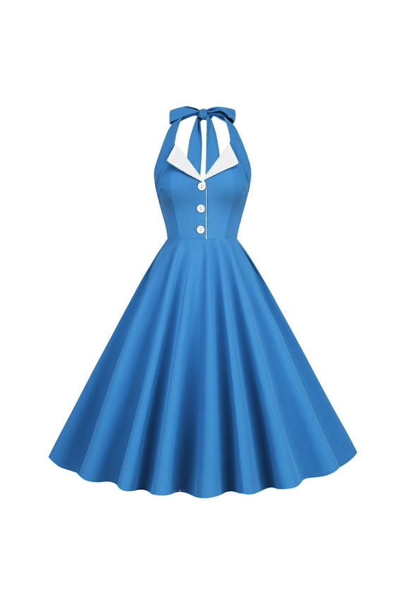 Women 50s Vintage Polka Dot Halter Cocktail Swing Dress Buttons Floral 1950s Hepburn Prom Tea Party Dress