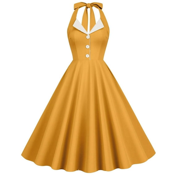 Women 50s Vintage Polka Dot Halter Cocktail Swing Dress Buttons Floral 1950s Hepburn Prom Tea Party Dress