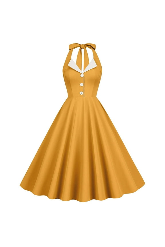 Women 50s Vintage Polka Dot Halter Cocktail Swing Dress Buttons Floral 1950s Hepburn Prom Tea Party Dress